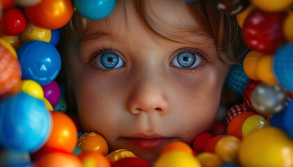 Fototapeta na wymiar Childs face surrounded by colorful toys wideeyed