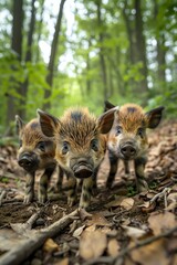 Fototapeta premium Four baby boars with stripes, forest clearing, lowangle