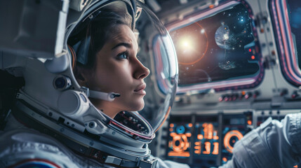 Fototapeta premium A woman in a space suit is looking out the window of a spacecraft