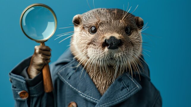 Otter detective with magnifying glass, blue background