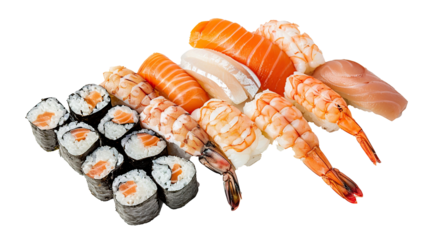 Composition sushi and shrimp on a white background. Generative Ai