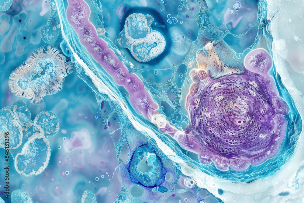 Poster a colorful image of a cell with a purple and blue blob in the center