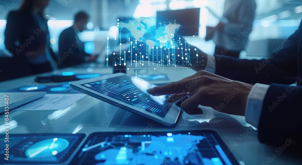 Aufkleber man hand touching global internet connection. financial and digital link tech big data. ai generated