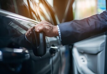 A businessman’s hand opens a car door as a chauffeur waits, ready to drive for business travel, professional transport, or a commute.