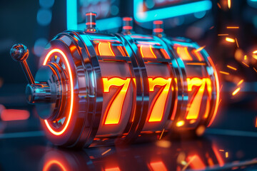 A slot machine with three reels and the numbers 1 through 7