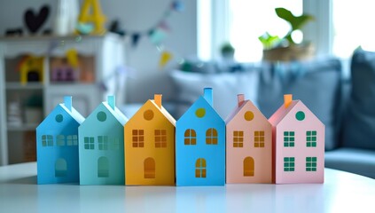 a set of paper houses in different shapes and colors on a table in a living room
