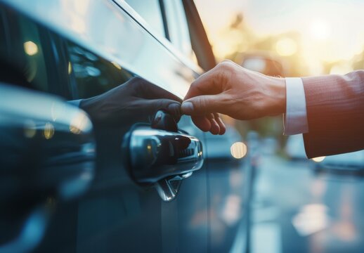 A businessman’s hand opens a car door as a chauffeur waits, ready to drive for business travel, professional transport, or a commute.