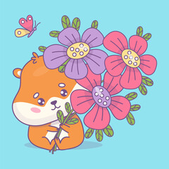 Cute hamster with large bouquet of flowers with butterflies. Holiday cartoon kawaii character animal. Vector illustration. Kids collection