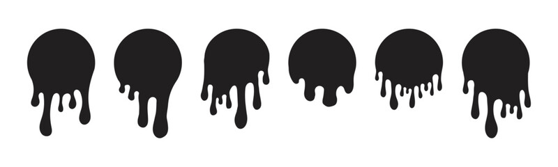 Melt drip circle silhouette paint round splash with drops, liquid shape, stain isolated on white background. Collection of Flowing fluid, slime or cream.
