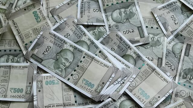 Close up view of brand new indian 500 rupees banknotes. Money background.