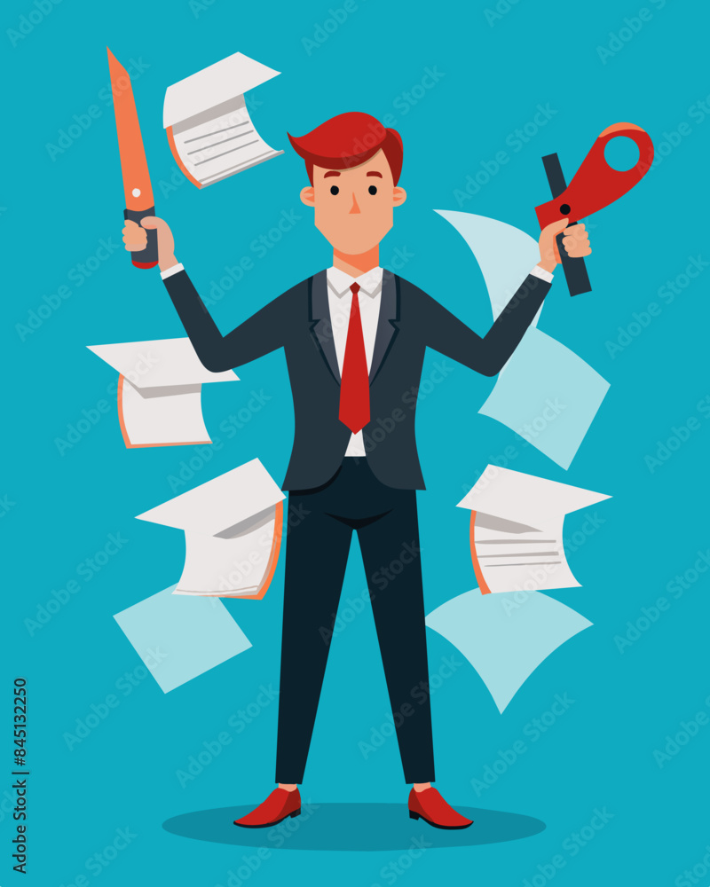 Poster the businessperson holds a pair of scissors in one hand and a pile of redacted documents in the othe