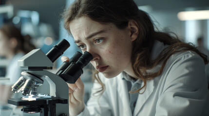 Fototapeta premium A woman wearing a lab coat is looking through a microscope