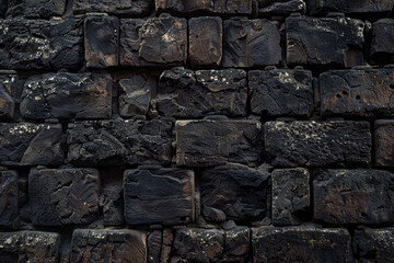 A wall made of black bricks with a lot of dirt and moss on it