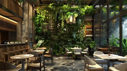Fototapeta premium A chic cafe interior with a biophilic design, incorporating a living wall of lush plants that add a touch of nature to the dining experience