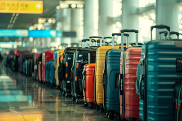 Fototapeta premium A row of suitcases are lined up on a tarmac