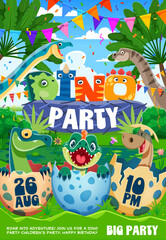 Kid dino party flyer with funny prehistoric dinosaurs. Vector holiday invitation poster template with cartoon cute baby reptiles in the eggshells, coloradisaurus and vulcanodon at jurassic landscape © Vector Tradition