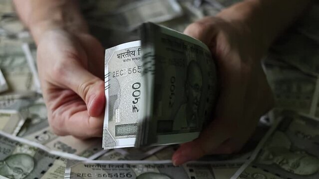 Woman's hands counting brand new indian 500 rupees banknotes.