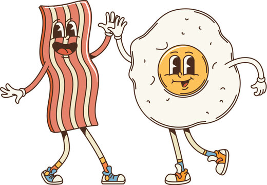 Retro cartoon groovy breakfast bacon and fried egg character. Cute and funny vector friends food personages giving high five and rejoice together. Isolated kawaii funky ingredients exudes friendship