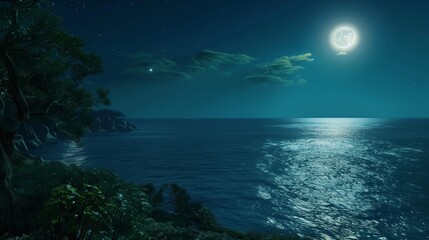 A scenic view of the ocean at night, with a full moon casting a silvery glow over the calm waters, creating a tranquil and romantic ambiance
