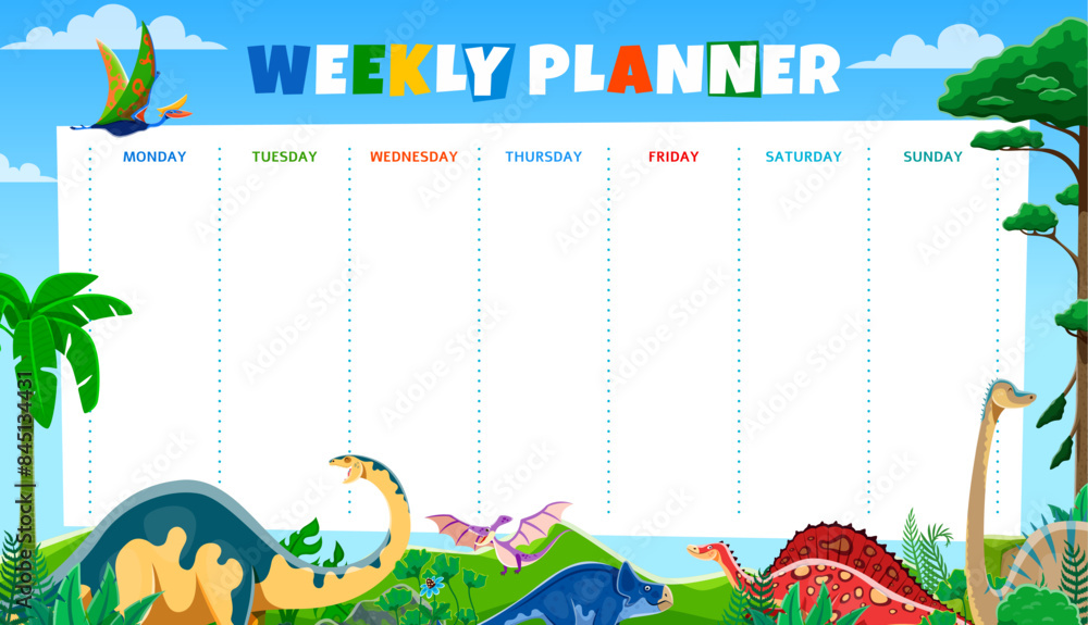 Poster weekly planner with cartoon dinosaurs. vector vibrant schedule with playful dino in a prehistoric la