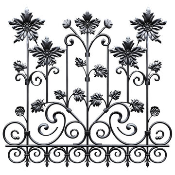 Intricate wrought iron fence panel featuring ornate floral and scroll designs, perfect for outdoor decor or garden use.