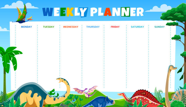 Weekly planner with cartoon dinosaurs. Vector vibrant schedule with playful dino in a prehistoric landscape at clear sky backdrop, Template with spacious daily columns for organizing children routines