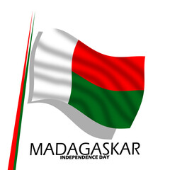 Madagascar Independence Day event banner. Madagascar flag flying on white background to celebrate on June 26th