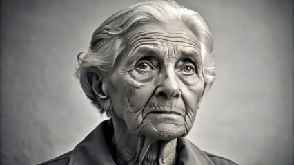 portrait of an elderly Holocaust survivor with a solemn expression.