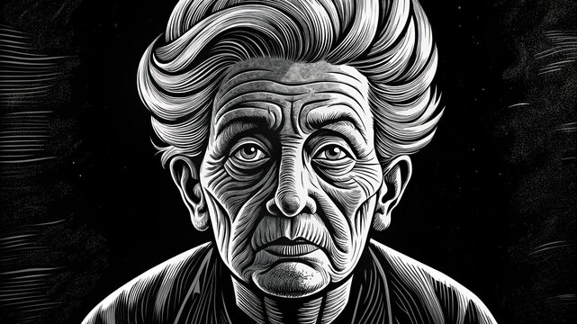 portrait of an elderly Holocaust survivor with a solemn expression.