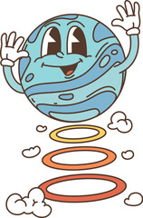 Cartoon retro groovy hippie planet character. Isolated vector playful space and galaxy personage. Smiling blue planet with a happy face, waving and bouncing joyfully above a stack of colorful rings