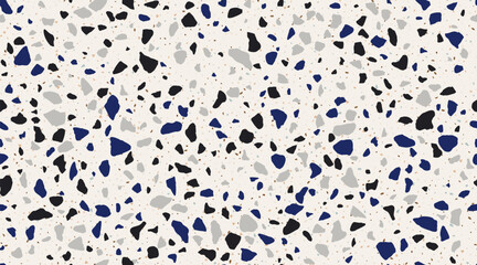 Terrazo mosaic ceramic tile pattern, marble stone texture. Black, blue and grey terazzo ceramic background. Vector blend of marble, granite and glass chips, speckled surface, terazo flooring or wall