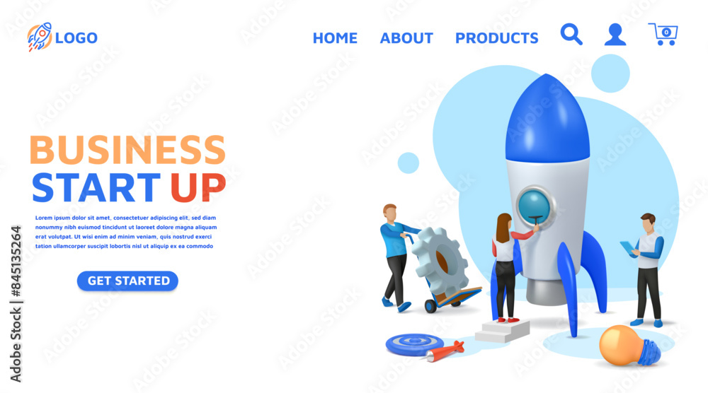 Aufkleber Startup landing page. Business development. Website UI design. Web template for app launch. Innovative projects marketing. Management strategy. Businessman success. Vector background