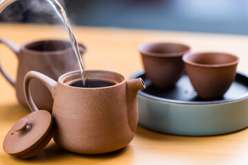 Hot water pour into tea pot