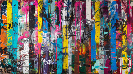 A colorful graffiti covered wall with a blue stripe