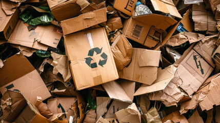 A pile of cardboard boxes with a green box in the middle that says recycle