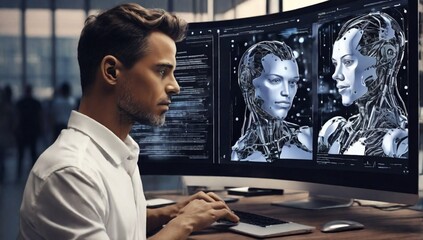 AI, Artificial Intelligence, AI generated content Concept. Artist Man using AI Art to generate image content. Text to image command prompt generates, technology Business, futuristic transformation.