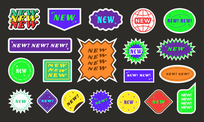 New stickers. Label tag, product icon for sale banner shape, discount price sign or ribbon offer with round corners. Bright colorful badges different forms. Product promotion emblem. Vector set