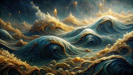 Abstract interior painting made of texture paste and gold leaf. Waves