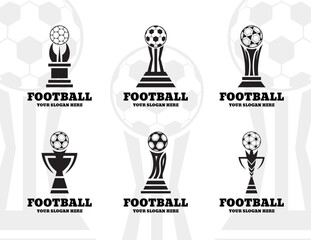Soccer trophy. Champion cup. Sport team game. Award ball logo for championship league. Players tournament or winners reward. Football competition. Vector footballer match icons set