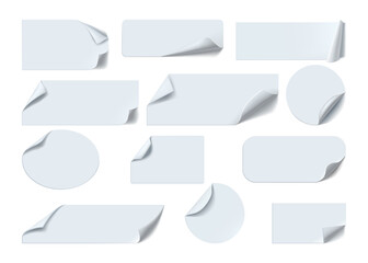 Paper stickers. White label. Peel off and fold tag. Circle and rectangle icons. Office stationery. Round and square badges with curled edges. Notepaper sticky pages. Vector reminders set