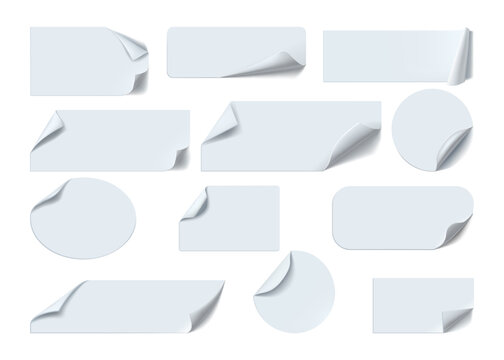 Paper stickers. White label. Peel off and fold tag. Circle and rectangle icons. Office stationery. Round and square badges with curled edges. Notepaper sticky pages. Vector reminders set