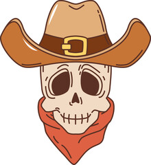 Cartoon Western cowboy skull groovy character wearing leather brown hat and red bandana. Vector personage of old american Wild West bandit, cowboy or gunslinger skeleton. Retro Western groovy skull