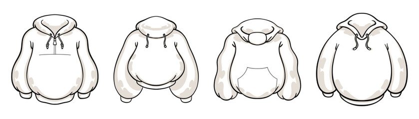 Hoody template. Sweatshirt design. Clothing with hood and pocket. Outline sweater. Graphic pullover. Casual garment. Oversize apparel. Blank fashion jacket. Vector clothes models set