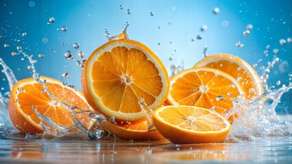 Orange segments falling and splashing water, ideal for refreshing cosmetic advertisements.
