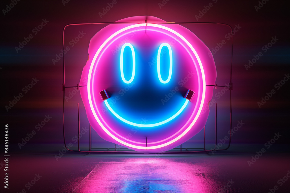 Poster vibrant neon smiley face shines brightly against dark background. this image can add pop of color an