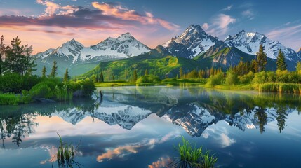 Obraz premium The serene beauty of an alpine lake at sunrise, with snow-capped peaks and vibrant greenery mirrored in the still waters