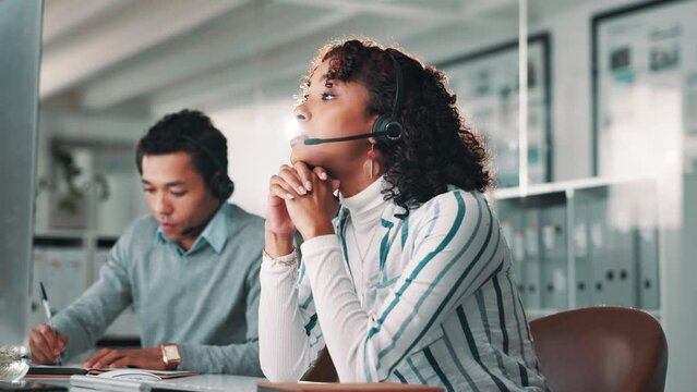 Frustrated woman, consultant and headache with headphones at call center for mistake, stress or anxiety at office. Female person or agent with strain, debt or financial crisis in customer service