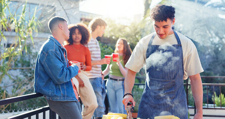 Barbecue, party and friends on outdoor backyard for meal at reunion, social event or lunch on...
