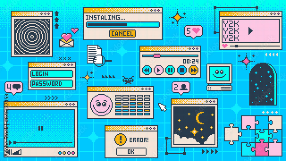 Poster Retro y2k page, computer window interface. Vector pc desktop. Blue, rave screen background in old 2000s aesthetic style with loading bar, program error, e-mail, puzzle game, player, login and password