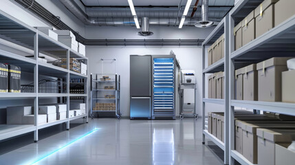 Naklejka premium A modern industrial refrigerated room, designed for storing food, with two large freezers and rows of neatly stacked shelves. 